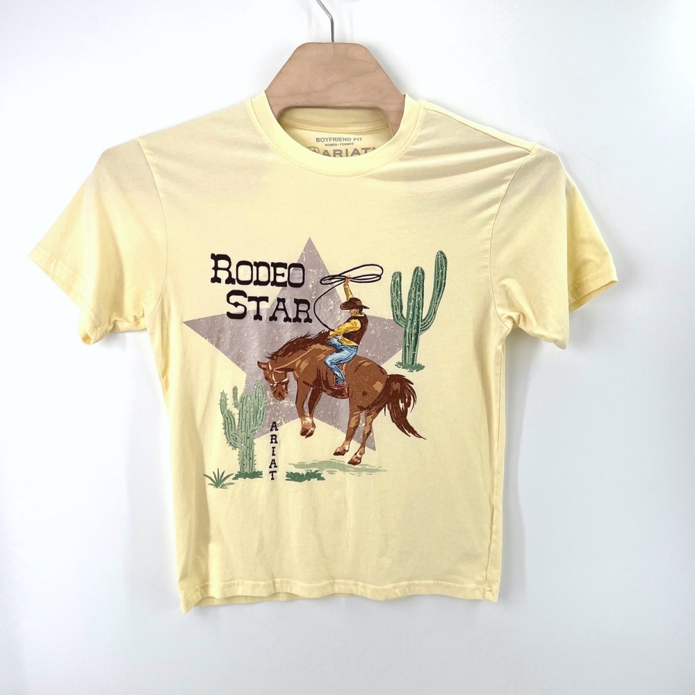 Ariat Rodeo Star Graphic Tee Small Yellow Cotton Western Cowgirl Boyfriend Shirt